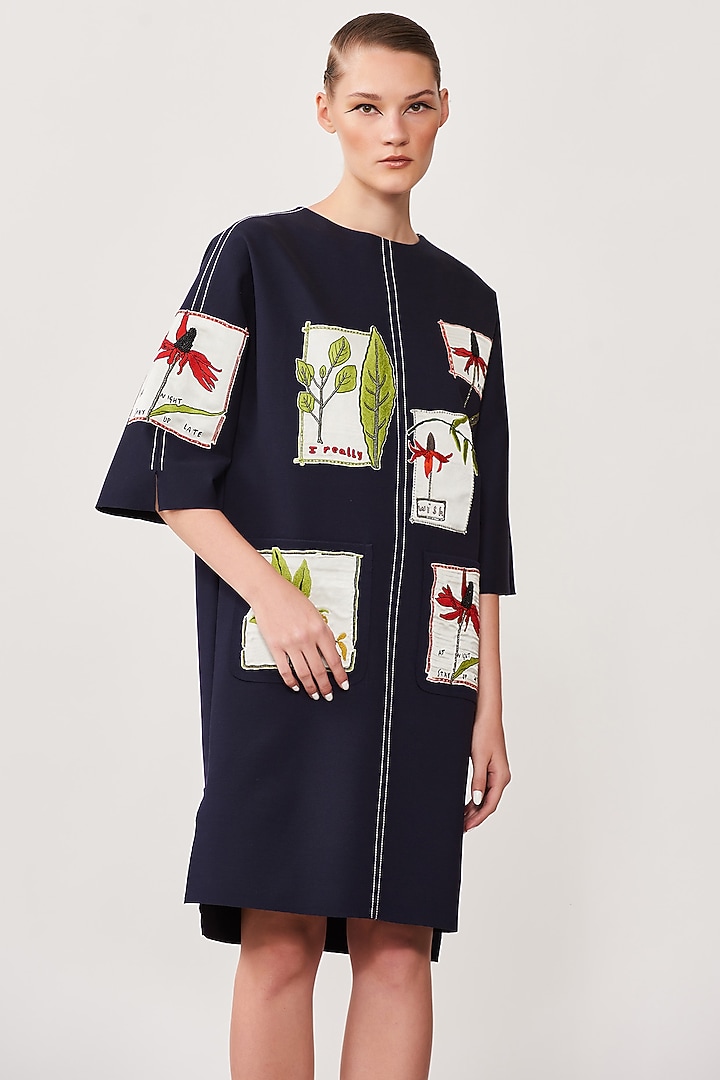 Navy Blue Jersey Cocktail Dress With Patchwork by Shahin Mannan at Pernia's Pop Up Shop