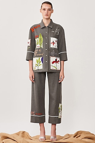 Lead Grey Thin Washed Denim Pant Set by Shahin Mannan