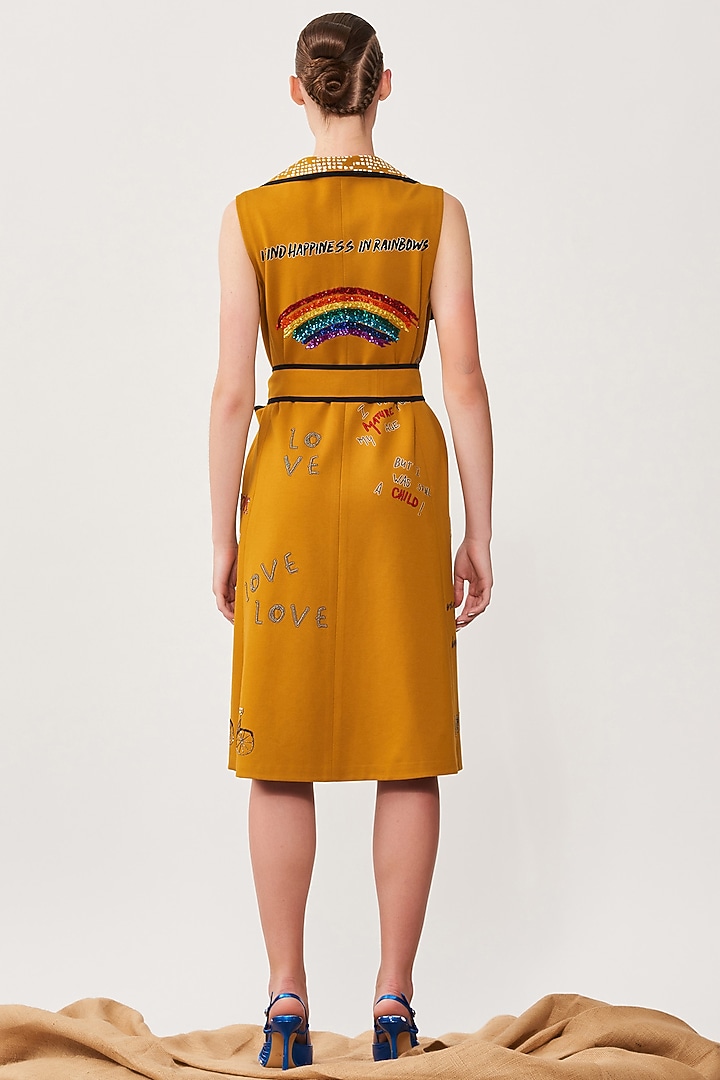 Mustard Yellow Jersey Embroidered Wrapped Jacket Party Wear Dress by Shahin Mannan at Pernia's Pop Up Shop