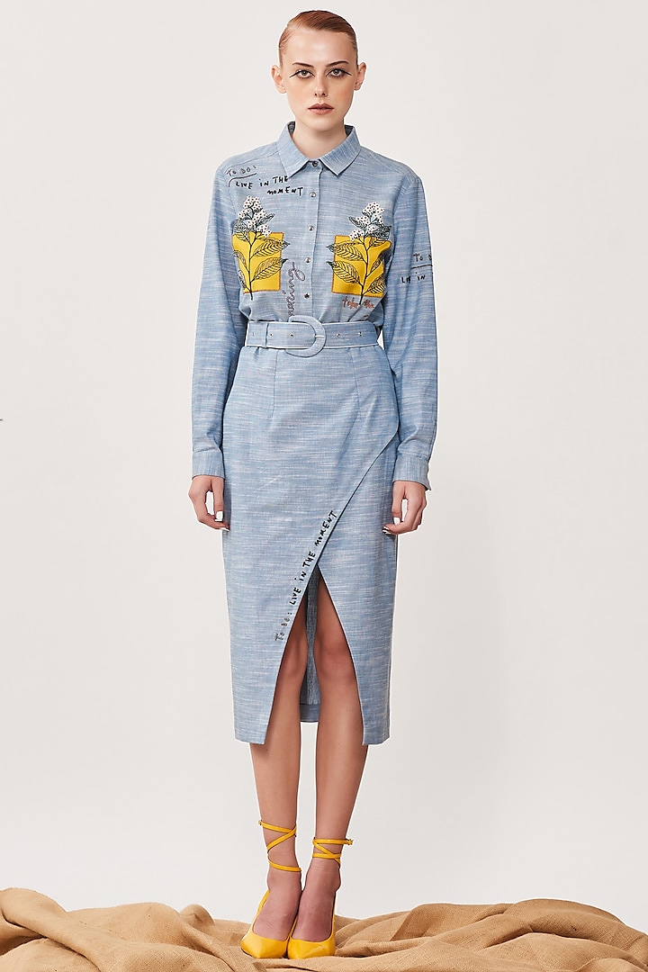 Mountain Blue Chambray Wrapped Skirt by Shahin Mannan