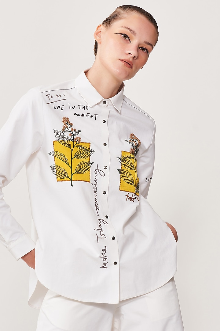 Ivory Embroidered High-Low Shirt by Shahin Mannan at Pernia's Pop Up Shop
