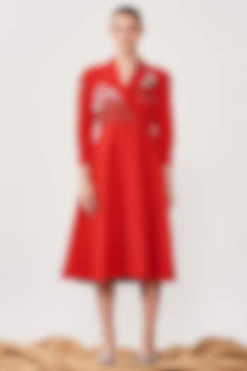 Red Crepe Embroidered Midi Cocktail Dress by Shahin Mannan at Pernia's Pop Up Shop