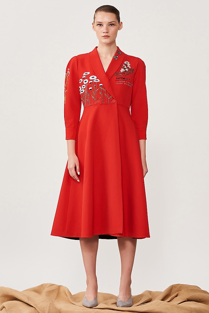 Red Crepe Embroidered Midi Cocktail Dress by Shahin Mannan at Pernia's Pop Up Shop