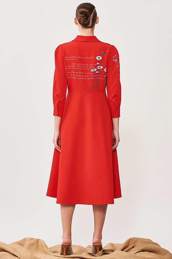Red Crepe Embroidered Midi Cocktail Dress by Shahin Mannan at Pernia's Pop Up Shop