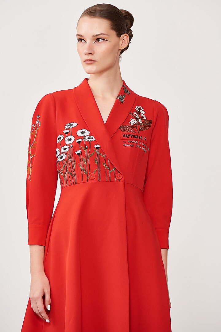 Red Crepe Embroidered Midi Cocktail Dress by Shahin Mannan at Pernia's Pop Up Shop