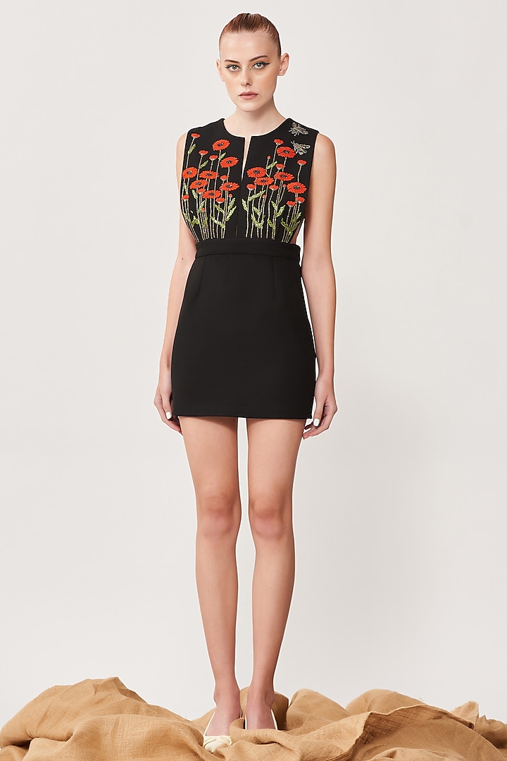 Black Embroidered Dungree Cocktail Dress by Shahin Mannan at Pernia's Pop Up Shop