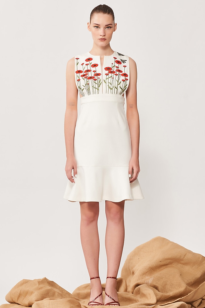 Ivory Embroidered Dungree Cocktail Dress by Shahin Mannan at Pernia's Pop Up Shop
