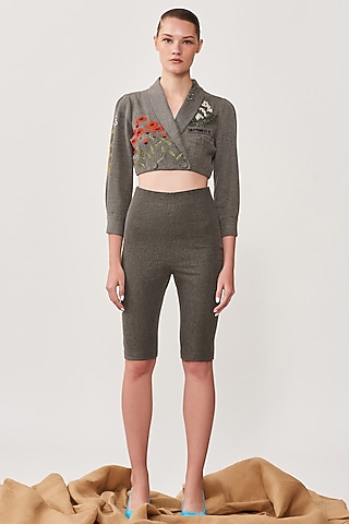 Lead Grey Denim Jacket Set by Shahin Mannan