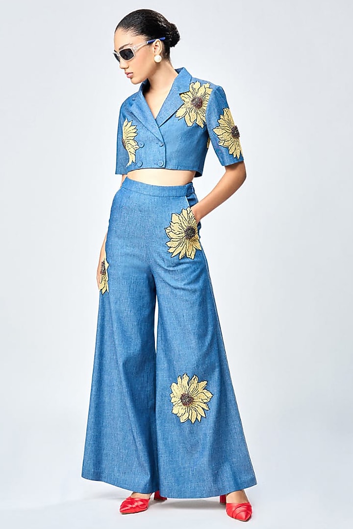 Steel Blue Denim Flared Pants by Shahin Mannan at Pernia's Pop Up Shop