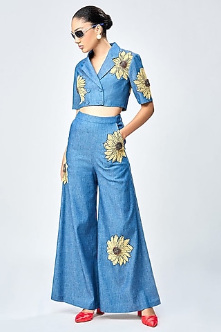 Steel Blue Denim Flared Pants by Shahin Mannan