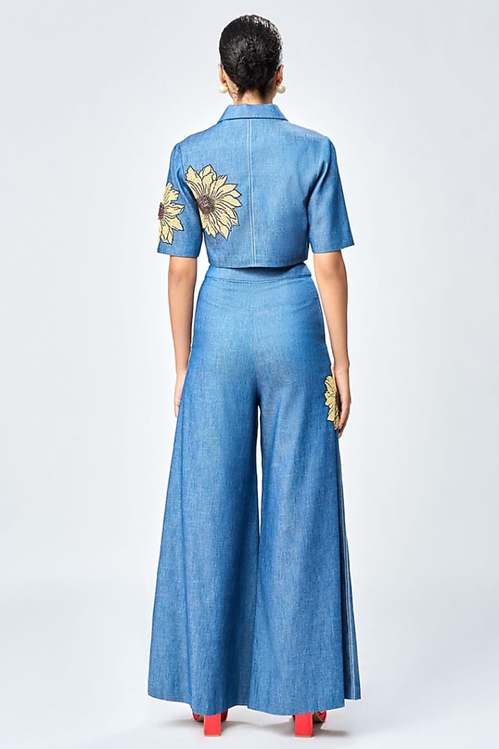 Steel Blue Denim Flared Pants by Shahin Mannan at Pernia's Pop Up Shop