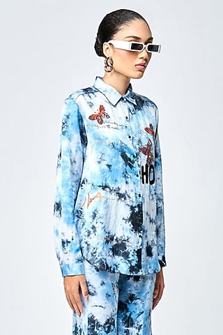 Blue Satin Silk Tie-Dye Printed Shirt by Shahin Mannan