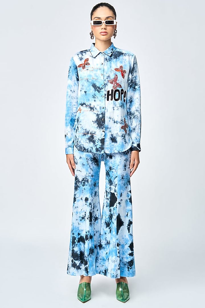 Blue Satin Silk Tie-Dye Printed Shirt by Shahin Mannan at Pernia's Pop Up Shop