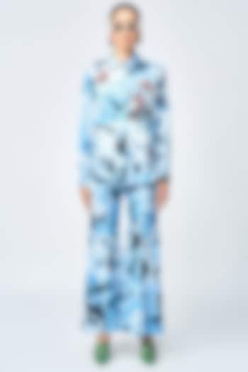 Blue Satin Silk Tie-Dye Printed Bell-Bottom Pants by Shahin Mannan at Pernia's Pop Up Shop