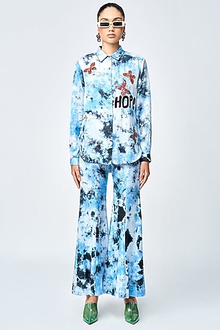 Blue Satin Silk Tie-Dye Printed Bell-Bottom Pants by Shahin Mannan