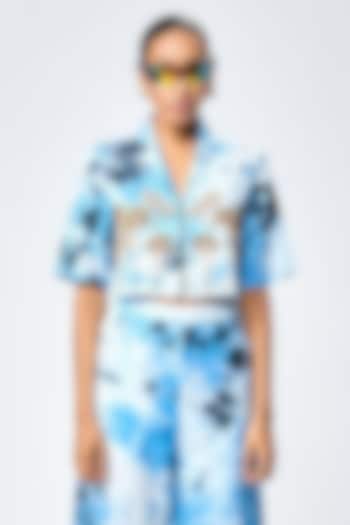 Blue Satin Silk Tie-Dye Printed Cropped Shirt by Shahin Mannan at Pernia's Pop Up Shop