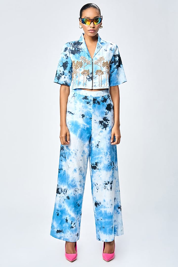 Blue Satin Silk Tie-Dye Printed Cropped Shirt by Shahin Mannan at Pernia's Pop Up Shop