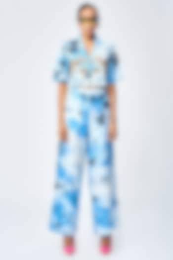 Blue Satin Silk Tie-Dye Printed Flared Pants by Shahin Mannan at Pernia's Pop Up Shop