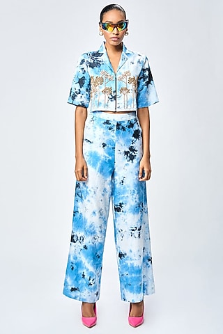 Blue Satin Silk Tie-Dye Printed Flared Pants by Shahin Mannan