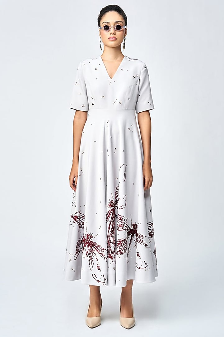 Light Grey Double Crepe Midi Cocktail Dress by Shahin Mannan at Pernia's Pop Up Shop