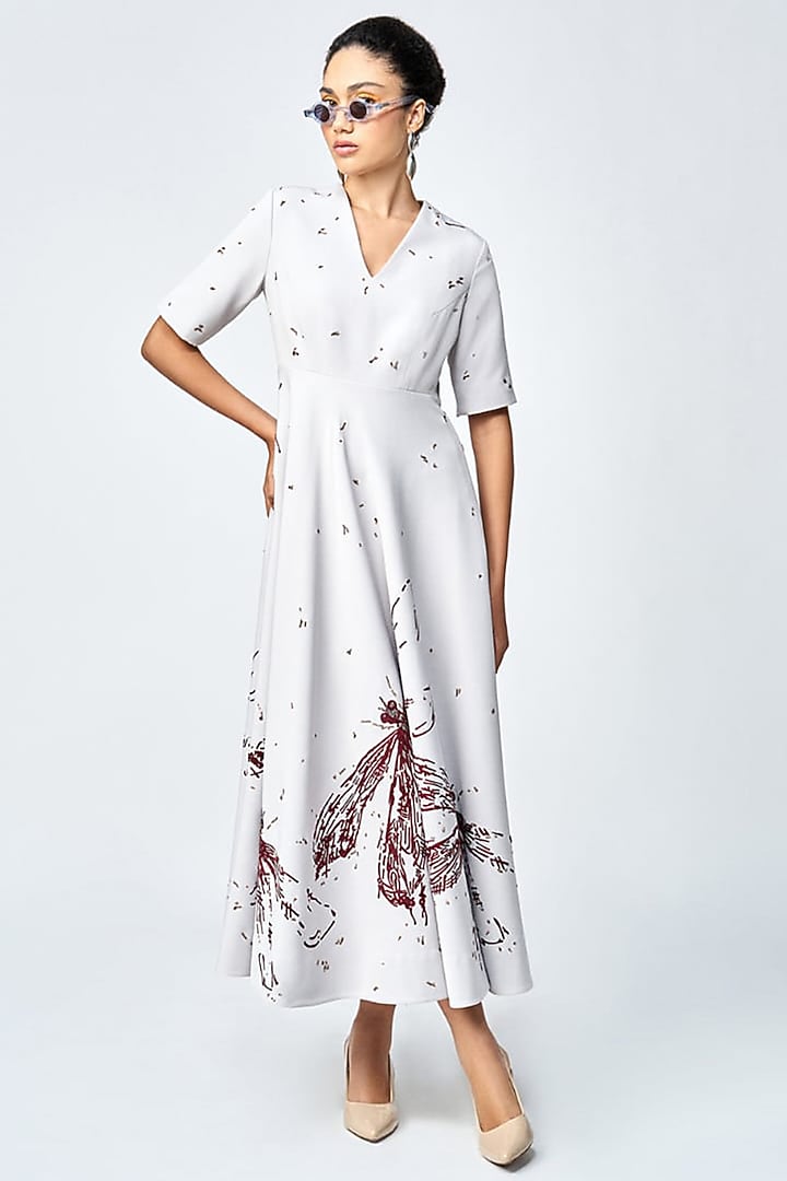 Light Grey Double Crepe Midi Cocktail Dress by Shahin Mannan at Pernia's Pop Up Shop