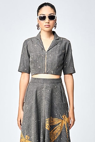 Lead Grey Denim Crop Top by Shahin Mannan