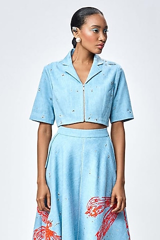 River Blue Denim Crop Top by Shahin Mannan