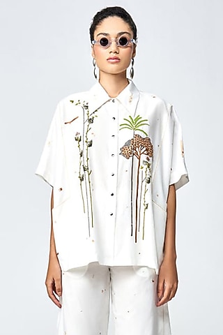 Ivory Cotton Silk Kimono Shirt by Shahin Mannan
