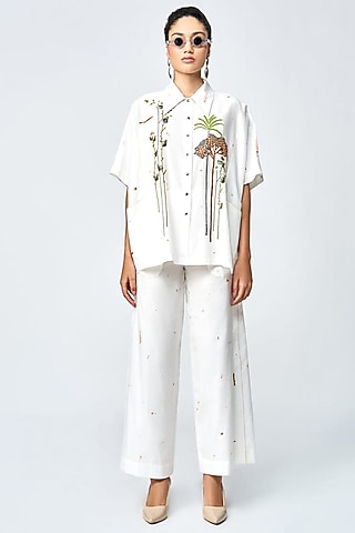 Ivory Cotton Silk Flared Pants by Shahin Mannan