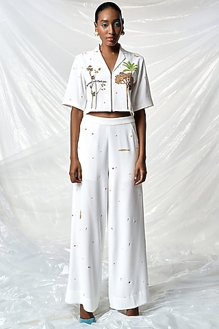 Ivory Japanese Crepe Flared Pants by Shahin Mannan