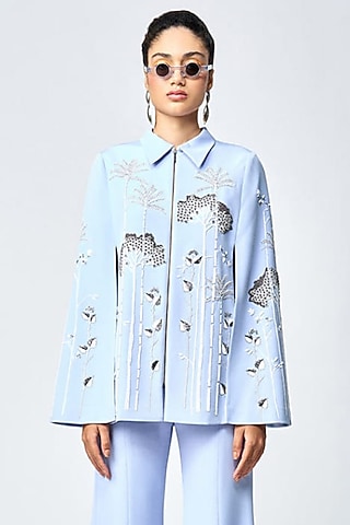Wispy Blue Double Crepe Cape by Shahin Mannan
