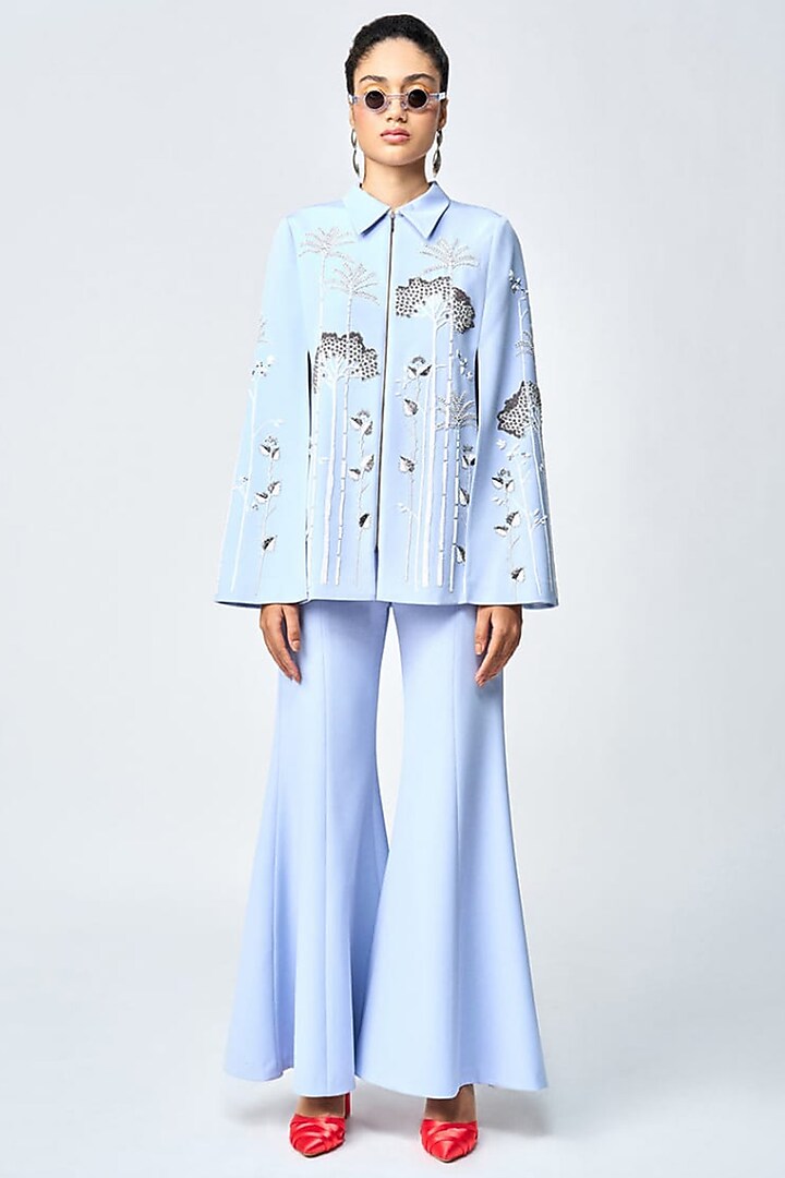 Wispy Blue Double Crepe Cape by Shahin Mannan at Pernia's Pop Up Shop