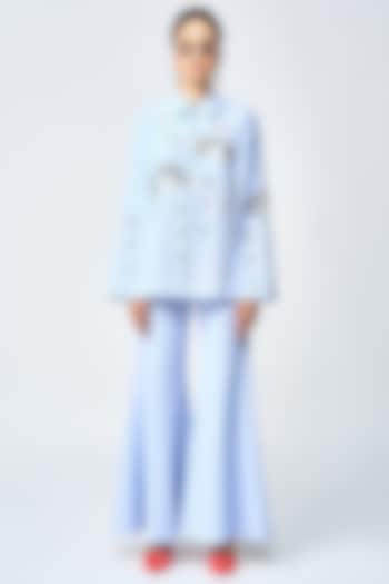 Wispy Blue Double Crepe Bell-Bottom Pants by Shahin Mannan at Pernia's Pop Up Shop