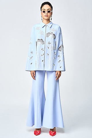 Wispy Blue Double Crepe Bell-Bottom Pants by Shahin Mannan