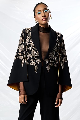 Black Scuba Crepe Cape by Shahin Mannan