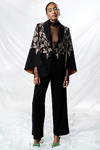 Black Scuba Crepe Straight Pants by Shahin Mannan