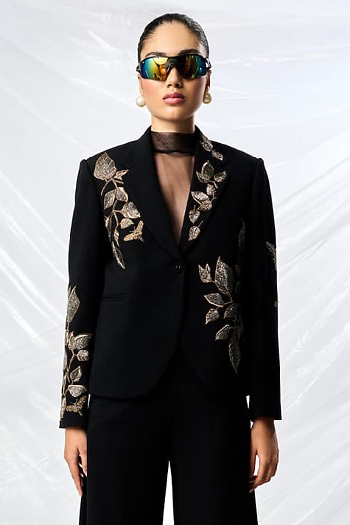 Black Scuba Crepe Blazer by Shahin Mannan at Pernia's Pop Up Shop
