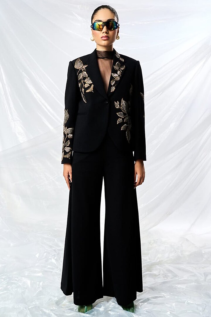 Black Scuba Crepe Straight Pants by Shahin Mannan at Pernia's Pop Up Shop