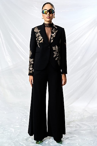 Black Scuba Crepe Straight Pants by Shahin Mannan