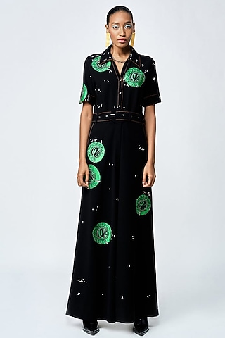 Black Japanese Crepe Jumpsuit With Belt by Shahin Mannan