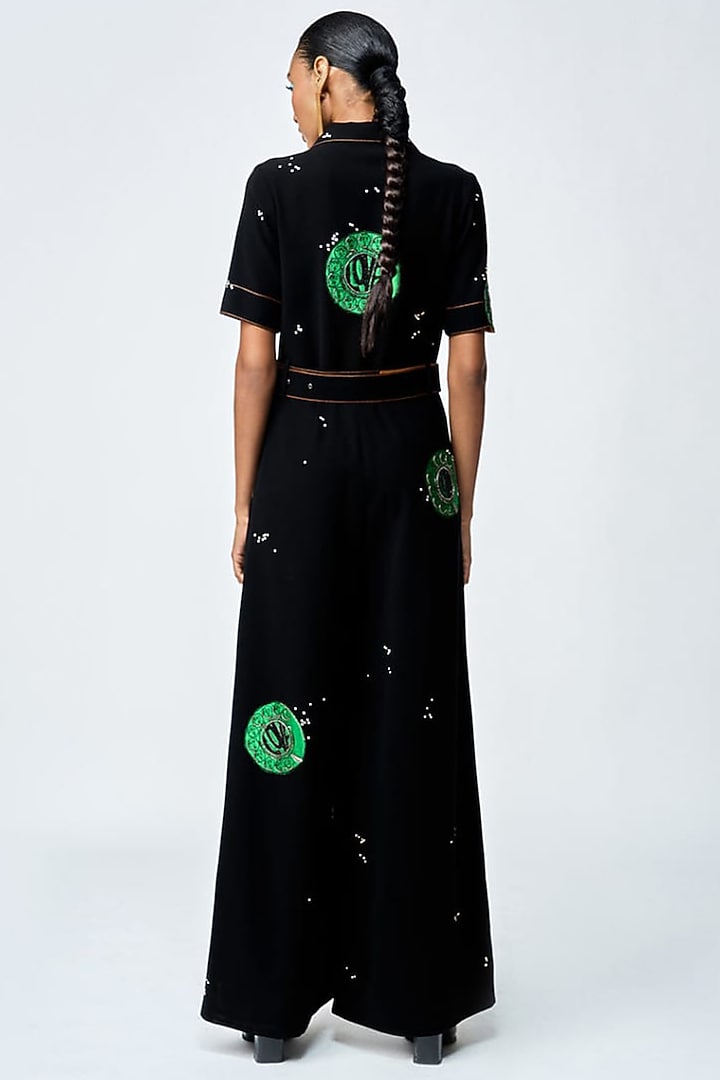 Black Japanese Crepe Jumpsuit With Belt by Shahin Mannan at Pernia's Pop Up Shop