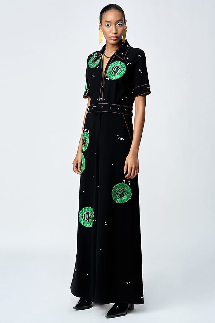 Black Japanese Crepe Jumpsuit With Belt by Shahin Mannan at Pernia's Pop Up Shop