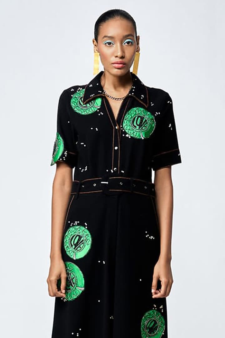 Black Japanese Crepe Jumpsuit With Belt by Shahin Mannan at Pernia's Pop Up Shop