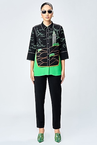Black & Green Scuba Crepe Layered Shirt by Shahin Mannan