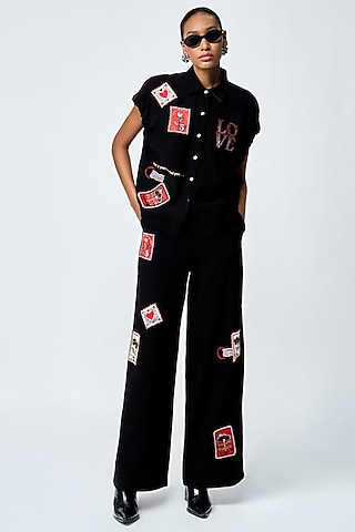 Black Japanese Crepe Flared Pants by Shahin Mannan