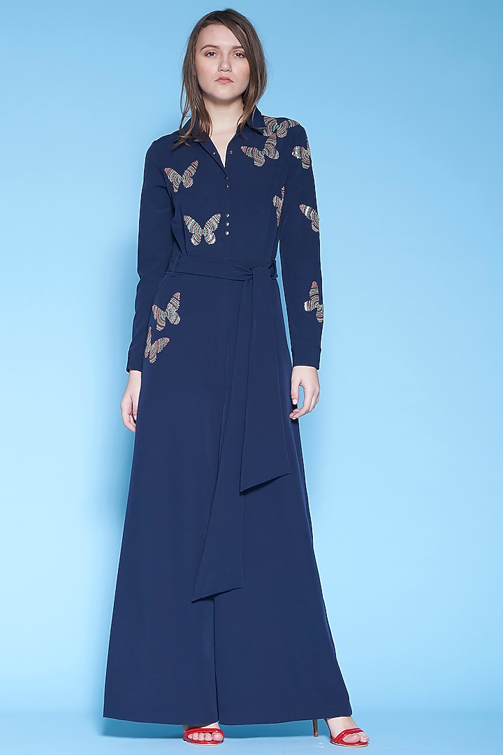 Navy Blue Embroidered Jumpsuit With Belt by Shahin Mannan at Pernia's Pop Up Shop