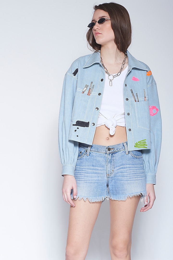 Light Blue Jacket With Colorful Embroidery by Shahin Mannan at Pernia's Pop Up Shop