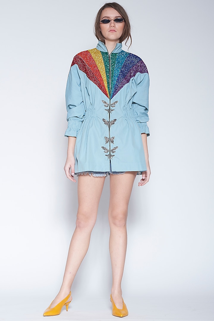 Powder Blue Embroidered Jacket Dress by Shahin Mannan at Pernia's Pop Up Shop