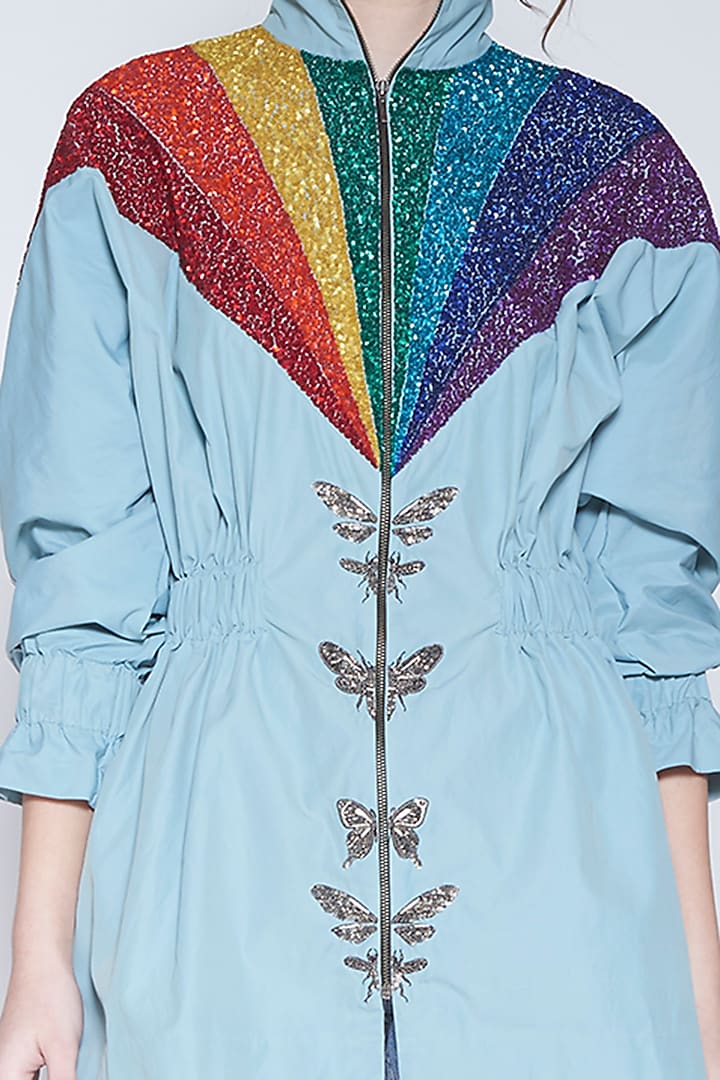 Powder Blue Embroidered Jacket Dress by Shahin Mannan at Pernia's Pop Up Shop