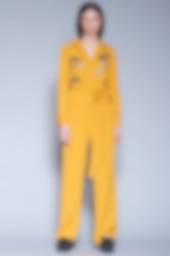 Yellow Hand Embroidered Jumpsuit With Belt by Shahin Mannan